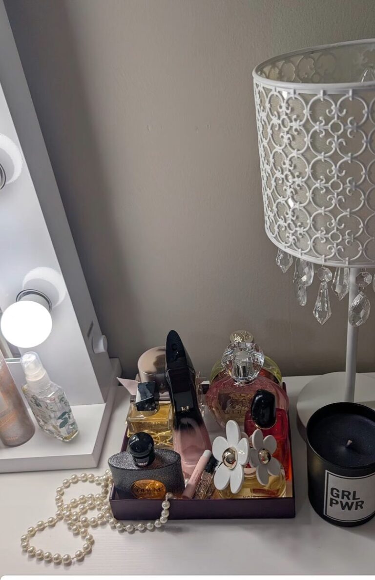 Real client vanity styling with perfumes, decorative tray, candle and lamp by Liz Organizes Your Pretty Mess